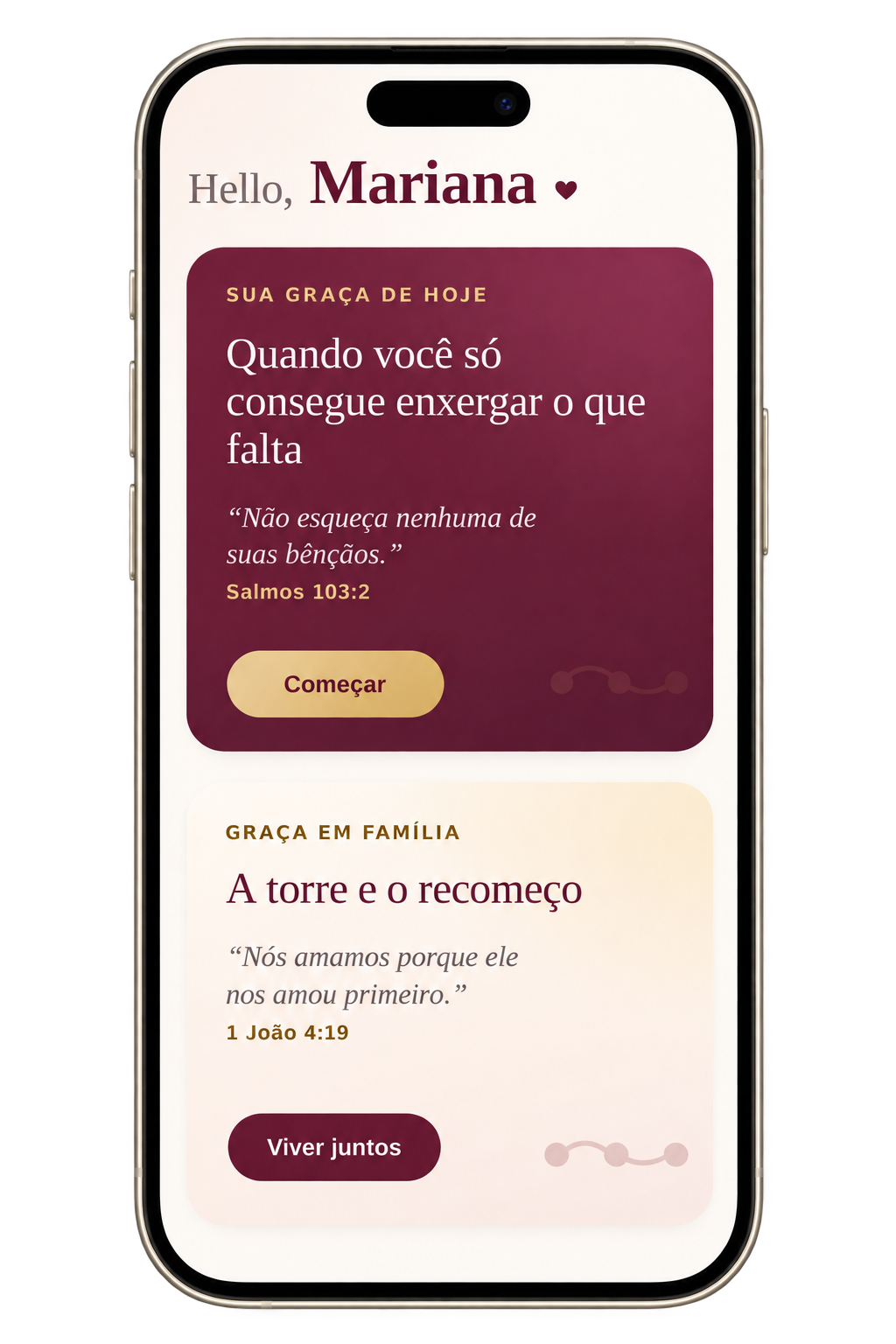 Aplicativo Graça App dentro de um celular com moldura champagne